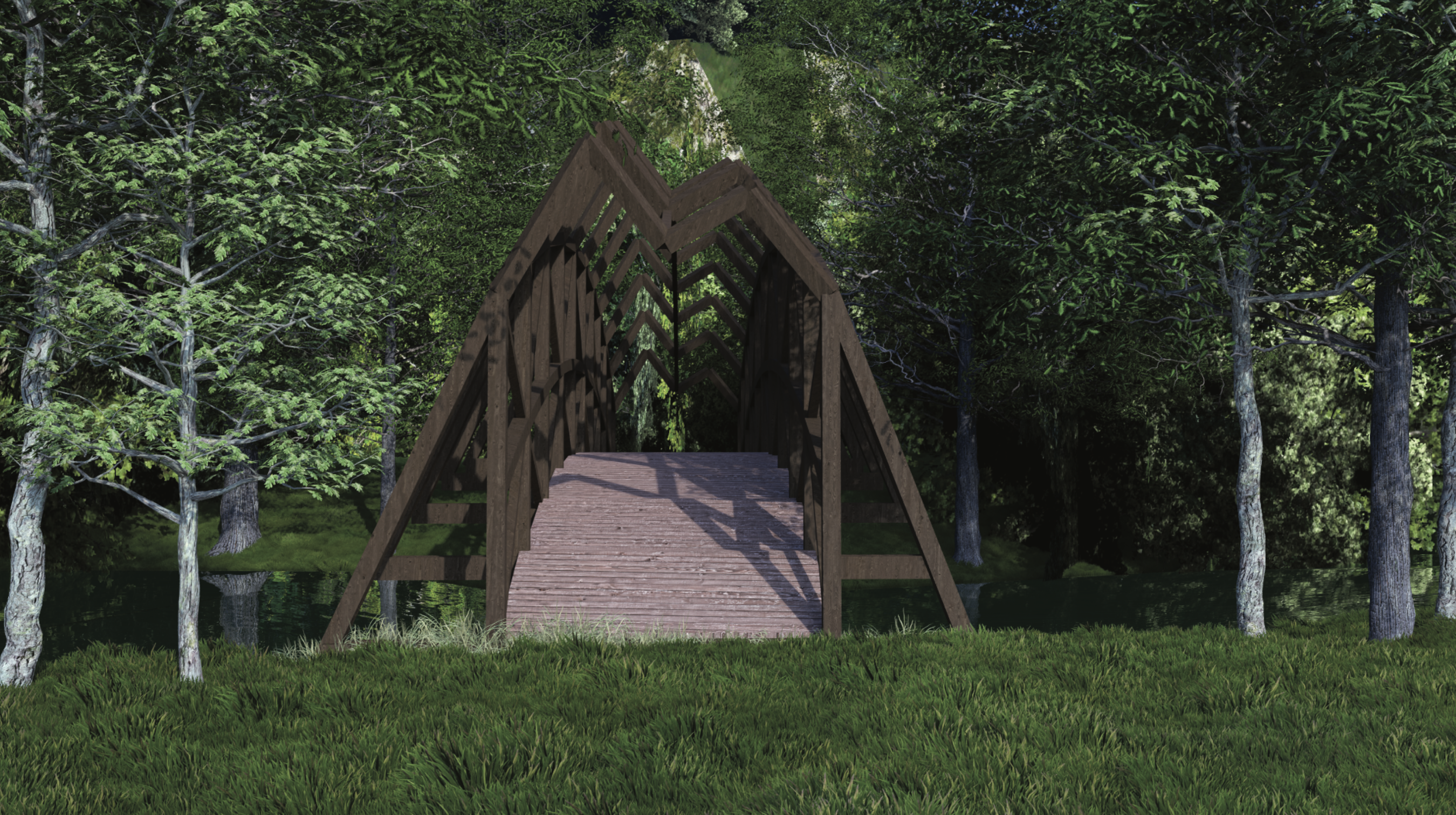 3D model mostu pro pěší a cyklisty s nosnými oblouky z lepeného vrstveného dřeva a nosnými prvky z masivního dřeva.